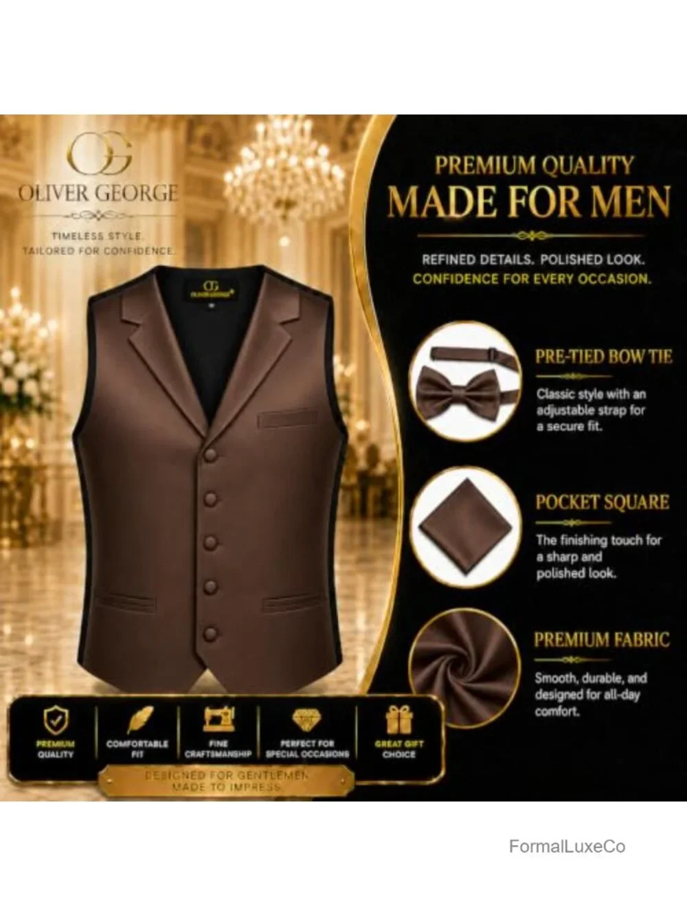 Men's 3-Piece Shawl Lapel Tuxedo Vest Set with Bow Tie & Handkerchief